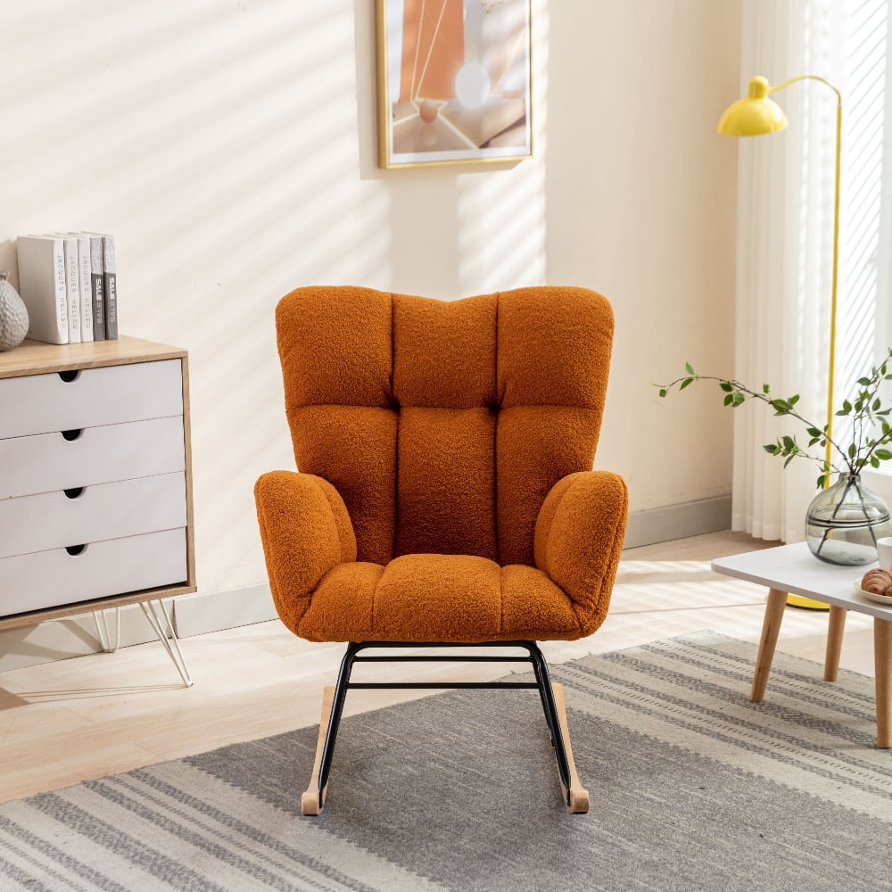 Oufan Leisure Rocking Chair With Upholstered, Teddy Fabric Nursery Rocking Chair with High Backrest & Solid Wood Frame for Living Room, Bedroom