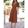 thumbnail image 2 of Faithtur Robe Longue Décontractée d'Été pour Femmes Couleur Unie Froncée Col en V Manches Courtes Mode Plage Vacances, 2 of 7