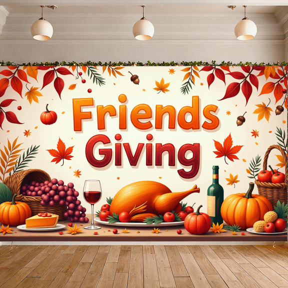 Autumn Leaves Friendsgiving Banner Pumpkin Decor Thanksgiving Party Background for Fall Celebration Indoor Party Festive Gathering