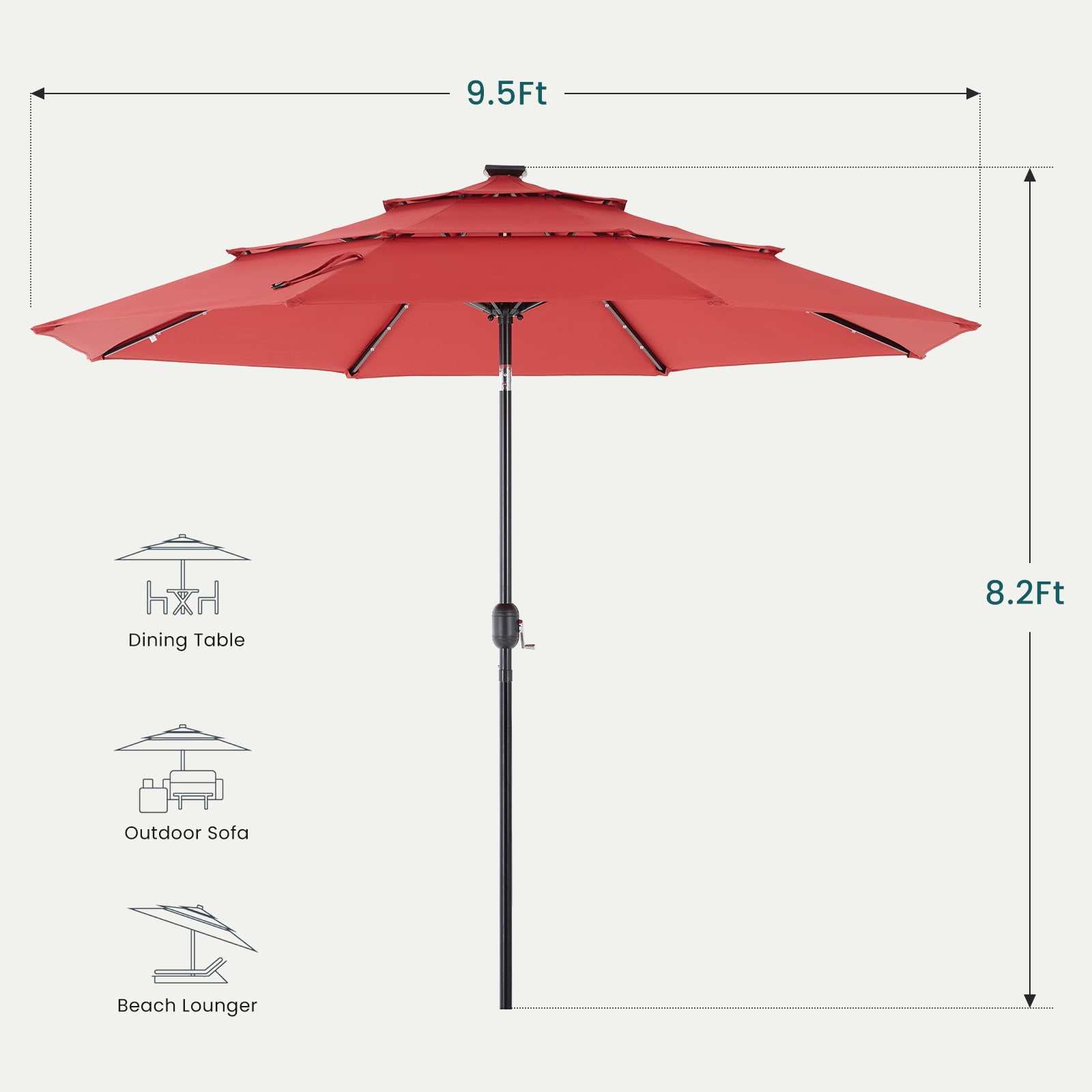 EdX 9.2 FT 3-Layer Solar Patio Umbrella, 32 LED Lights Market Umbrella with Adjustable Tilt, 8-Rib Outdoor Sunshade for Backyard, Deck and Poolside (Red/Navy Blue/Khaki)