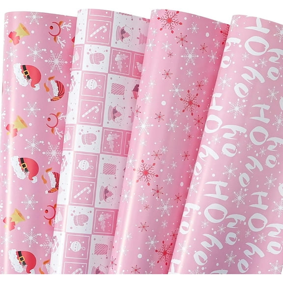 chalian Pink Christmas Wrapping Paper 12 Sheets Folded for Girls Kids Adults, 20 x 29 inches Gift Wrap 4 Designs including HO Prints, Santa Claus, Snowflakes and Reindeer Holiday Collection