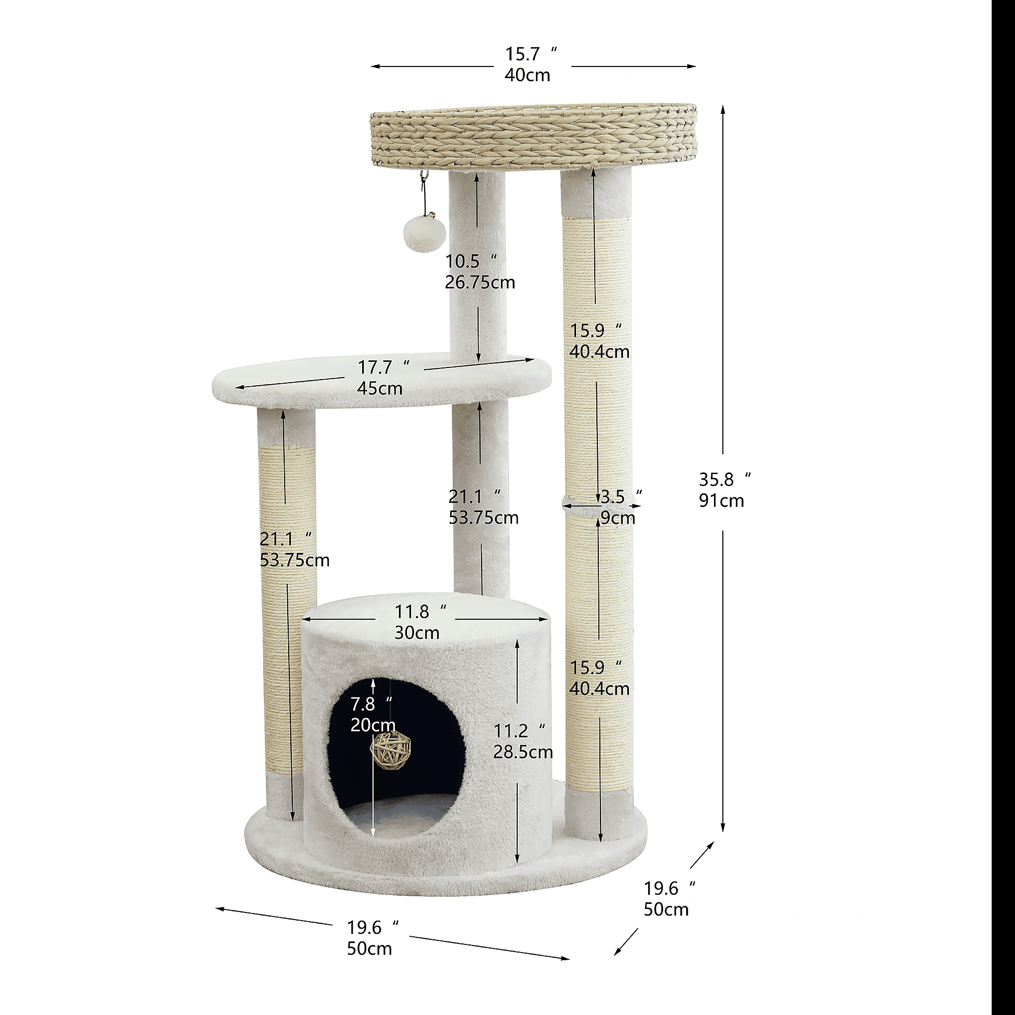 PetPals®  35.8" Cat Tree with  Top Nest Bed, Natural Sisal Scratching Posts, Large Base Condo,  Cream