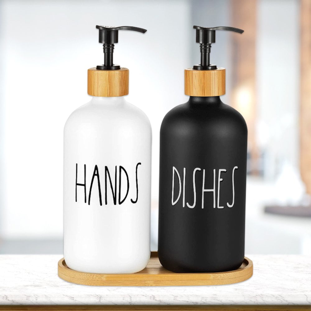 2 Pack Soap Dispenser Bottle with Bamboo Pump Soap Tray 16 Oz Refillable Hand Soap Container Reusable Rustic Detergent Bottle Durable Glass Soap Dispenser Set for Kitchen Bathroom Shampo Walmart