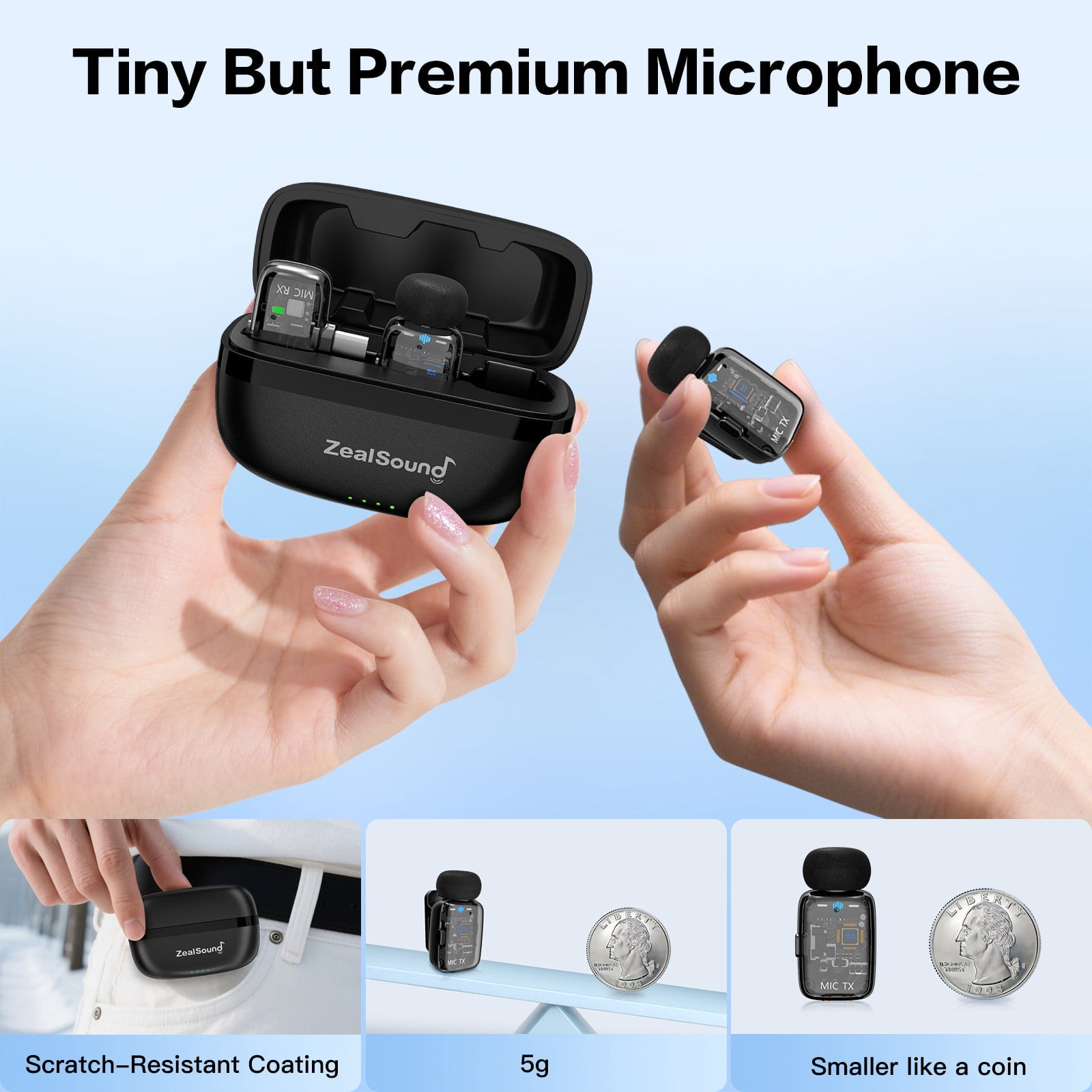 ZealSound Mini Wireless Lavalier Microphone for iPhone iPad Android Tablets PC, 2 Transmitters with Charging Case,Noise Reduction/33H Battery Life Lapel Mic for Podcast,YouTube Videos