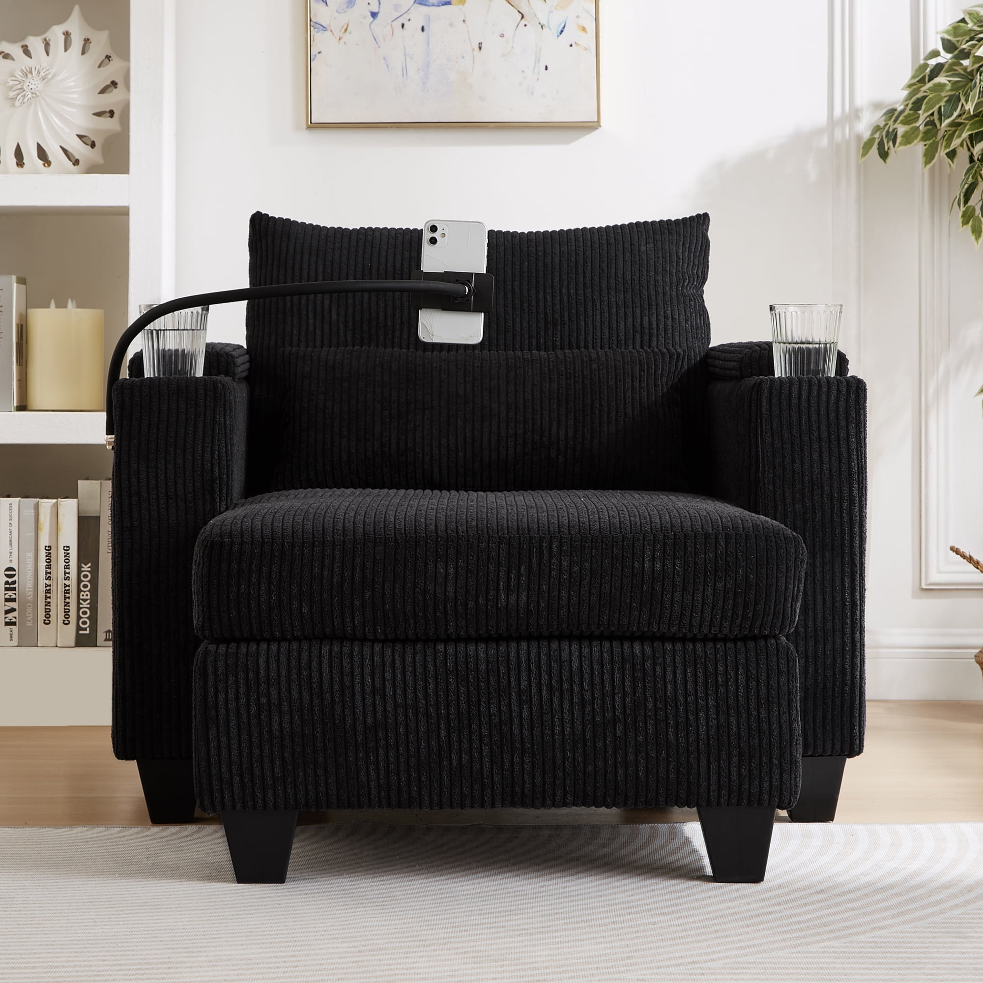 Euroco Convertible Sofa Chair with Chaise Lounge Extension, Hidden Armrest Storage, USB Charging Ports, Phone Holder & Cup Holders, Corduroy Fabric Recliner with Lumbar Pillow, for Small Spaces