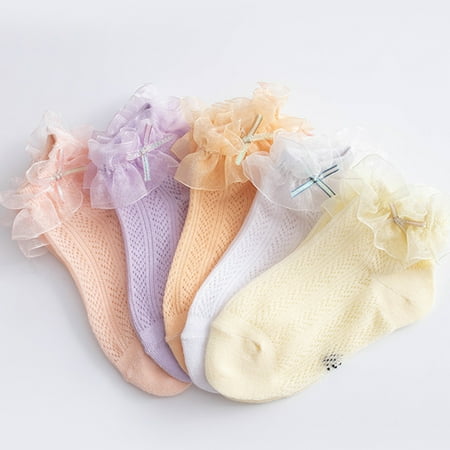 

MyBeauty 1 Pair Lace Socks Mesh Design Anti-skid Cotton Baby Girl Ruffle Socks for Dancing White S