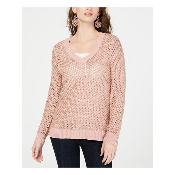 INC Womens Pink Pointelle Long Sleeve V Neck Casual Sweater L