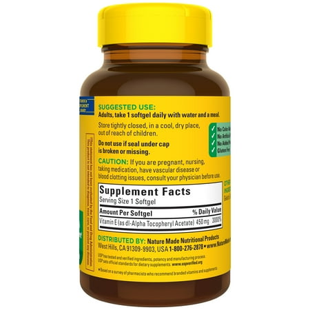 Nature Made Vitamin E 450 mg (1000 IU) dl-Alpha Softgels, Dietary Supplement, 60 Count