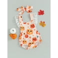 thumbnail image 3 of Wassery Newborn Girl Summer Outfit Infant Baby Halloween Clothes Sleeveless Square Neck Pumpkin Skull Print Lace Patchwork Romper with Hairband 0-18 Months, 3 of 8
