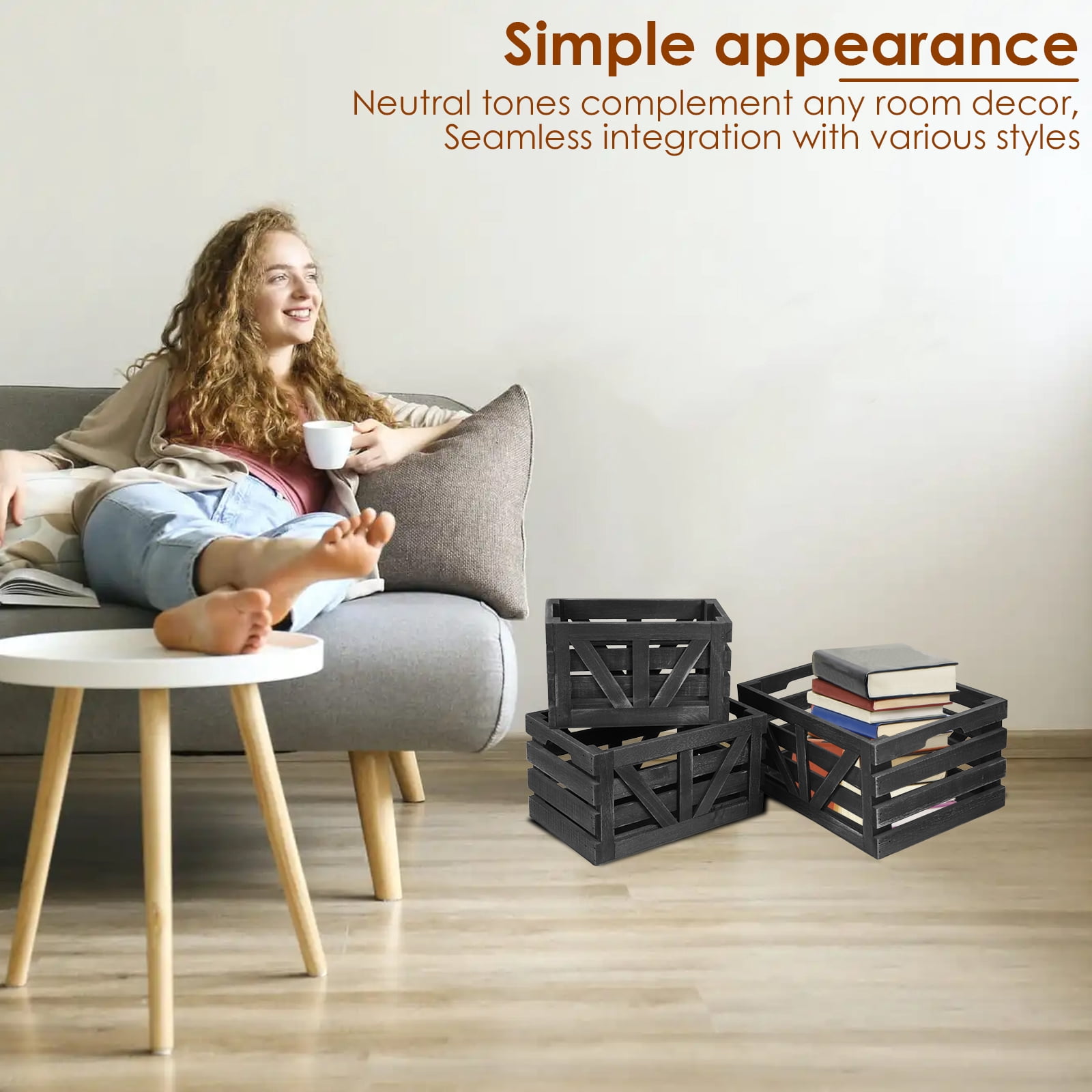 3 Pcs Wood Storage Crate Set Stackable Nesting Wooden Basket with Handles for Kitchen Fruit Vegetable Pantry Organization (black )
