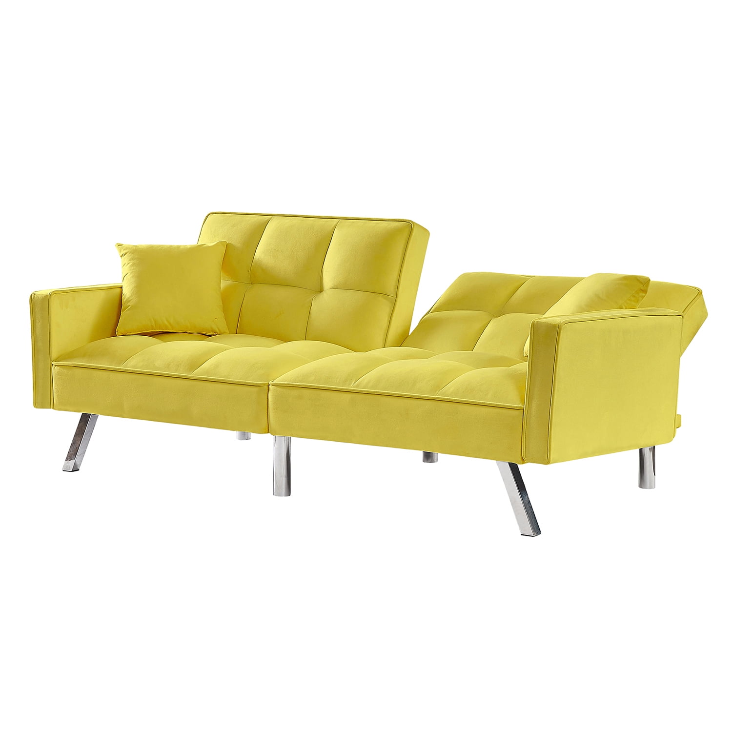 Kadyn Convertible Futon Sofa Bed, Velvet Couch Bed with Armrests and 2 Pillows, Modern Futon Sofa for Compact Living Space, Yellow Kadyn Convertible Futon Sofa Bed, Velvet Couch Bed with Armrests and 2 Pillows, Modern Futon Sofa for Compact Living Space, Yellow