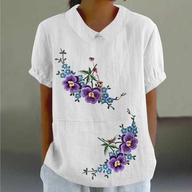 Fiudx Tops para Mujer Camiseta Holgada Informal con Estampado para Mujer, Tops de Manga Corta con Cuello de Muñeca, Blusa Bonita y de Lino