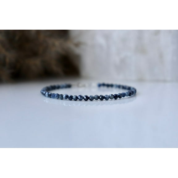Natural African Sapphire 3mm Round Shape Faceted Cut Gemstone Beads 7 Inch Silver Plated Clasp Bracelet For Men, Women. Natural Gemstone Link Bracelet.