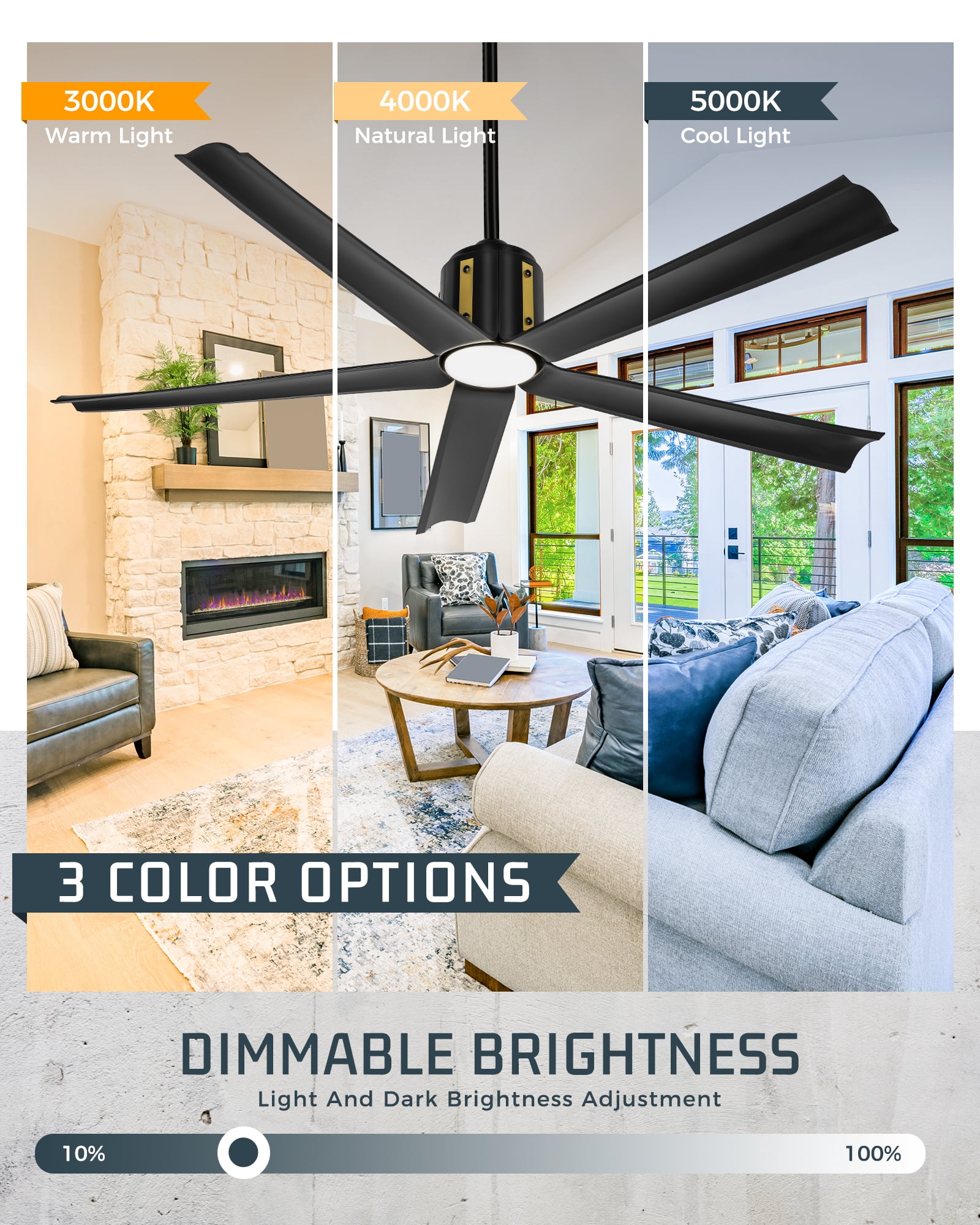 Ltmate 60 Inch Ceiling Fans with Lights and Remote, Black Ceiling Fans with Alexa Google Voice Control, 3 Color Temperatures and Quiet Reversible DC Motor