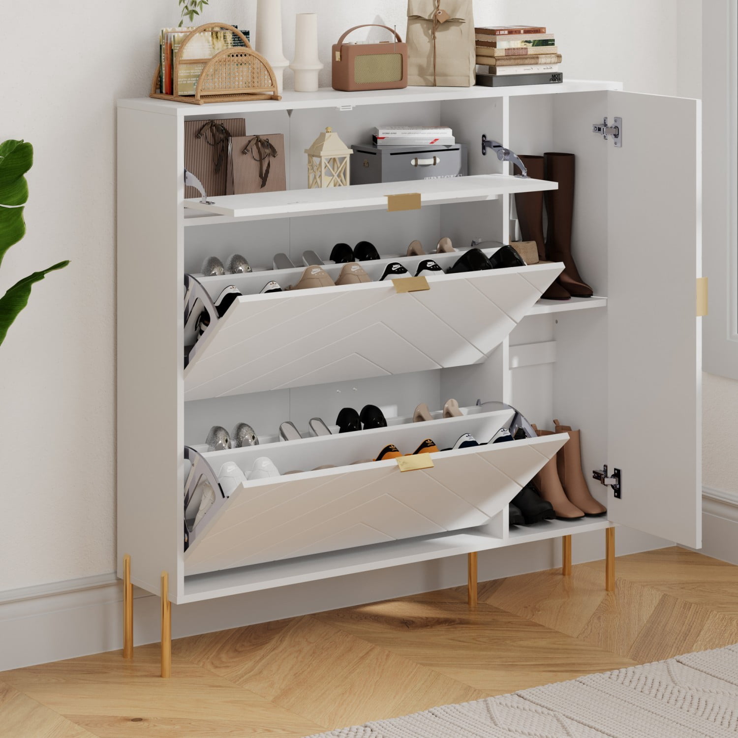 MDF Shoe Storage Cabinet with Flip Drawers & Adjustable Shelves, Modern Entryway Shoe Organizer Cabinet, White