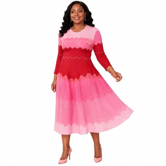 Bouncy Dress for Women Church, Pearl Midi Dress with Gradient Print, Elegant 3/4 Sleeve A-Line Swing Dress for Party, Wedding Guest & Special Occasions