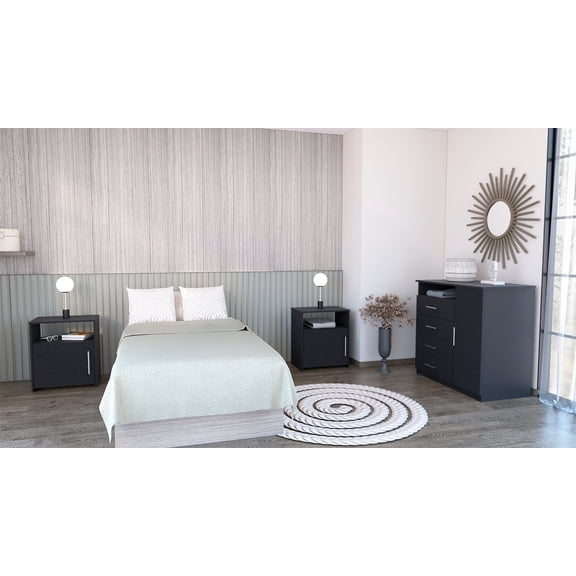 Miekor Furniture 3 Piece Bedroom Set, Rioja 4 Drawer Dresser 2 Omaha Nightstands, Black 00248