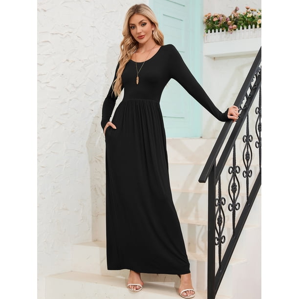long sleeve black maxi dress casual Chiclily Women's Loose Plain Dresses Long Dresses with Pockets, Size L Floor length Black Long Sleeve Maxi Dresses