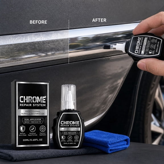 Chrome Repair Liquid Kit with Precision Applicator and Polishing Cloth for Car Trim and Home Metal Hardware, 0.68 fl oz