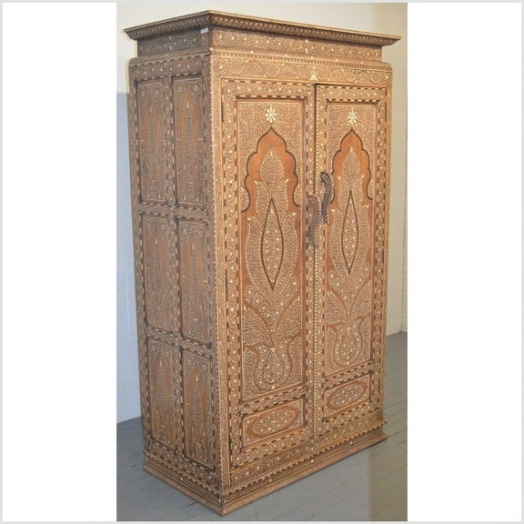 Vintage anglo indian teak wood wardrobe bone inlaid almirah, Bone inlay armoire, bone inlay almirah, bone inlay unit