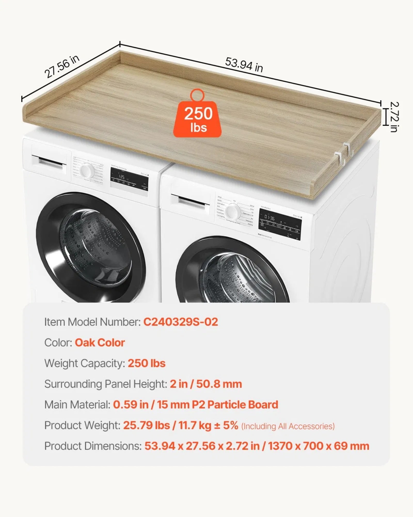 Washing machine countertop, drying machine solid wood countertop, with multi-functional hooks, suitable for all front-loading washing machines and dryers, oak