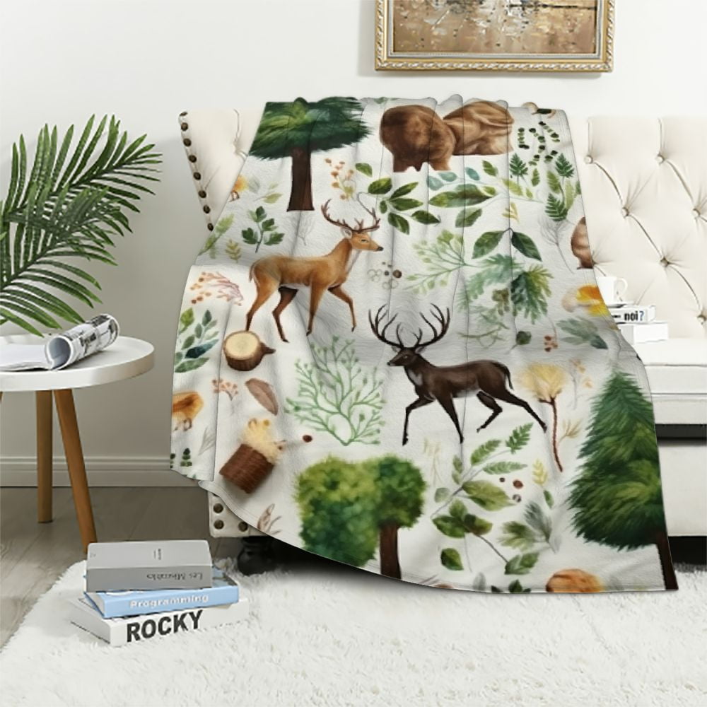 ARISTURING Woodland Animal Minky Blanket with Dotted Backing Boy Girl Gift, Green Forest Bear Fox Deer Double Layer Nursery Bed Blankets, Soft Plush Newborn Infant Toddler Kid Crib Bedding