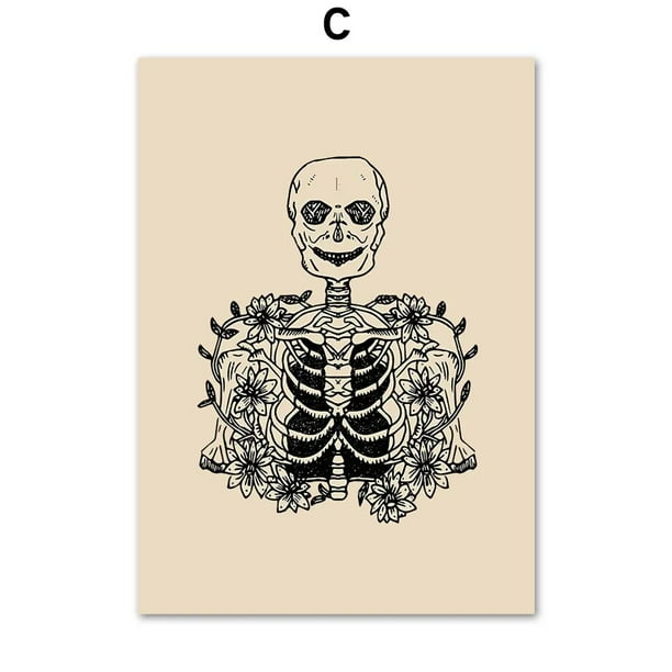 Pintura de arte de pared de Otoño de esqueleto de diente fantasma de Halloween botánico, carteles nórdicos e impresiones, arte de pared de sala de estar personalizable