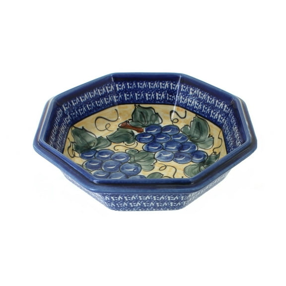 Blue Rose Polish Pottery Grapes Large Octagonal Bowl