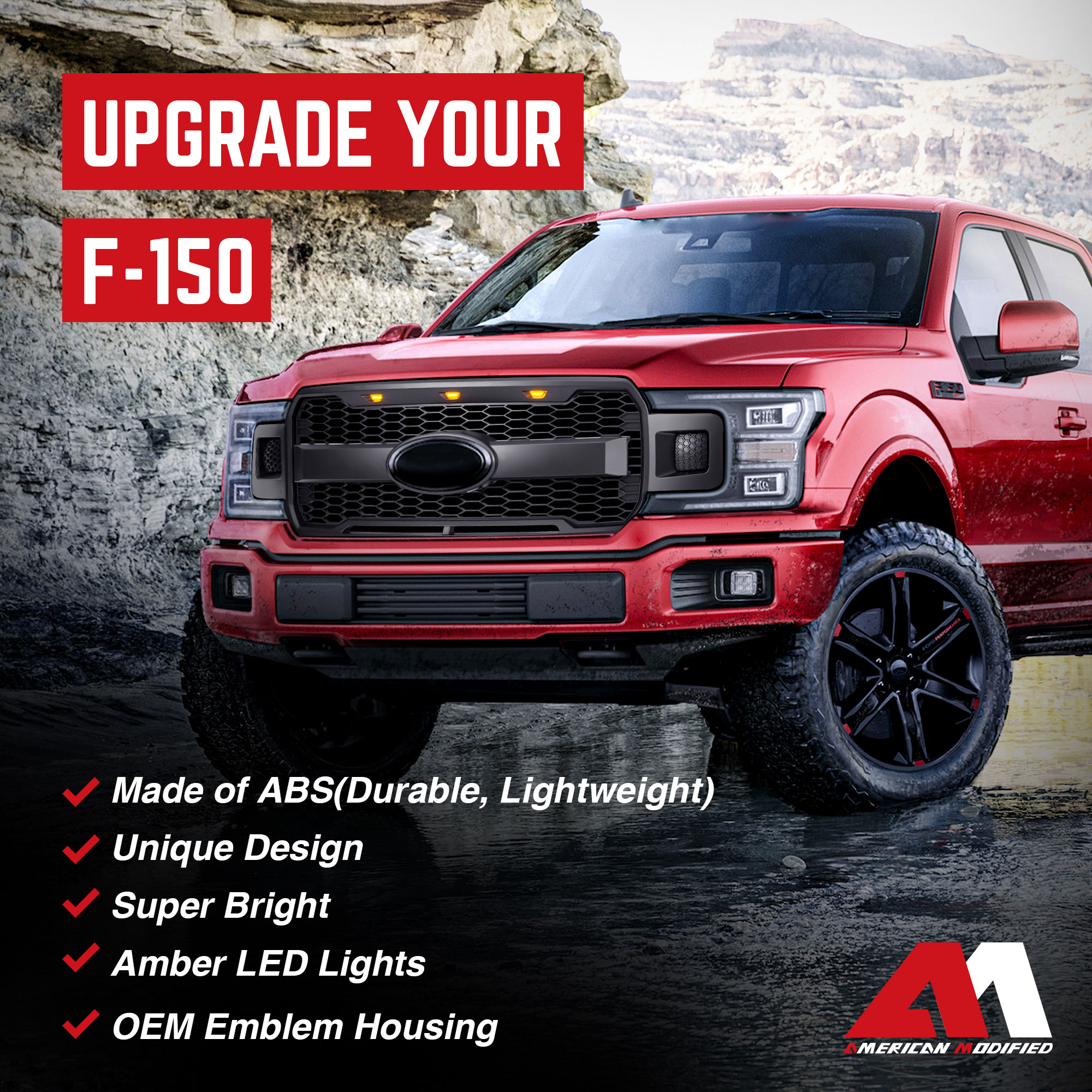 AMERICAN MODIFIED Raptor Style Mesh Grille for 18-20 Ford F150, Matte Black