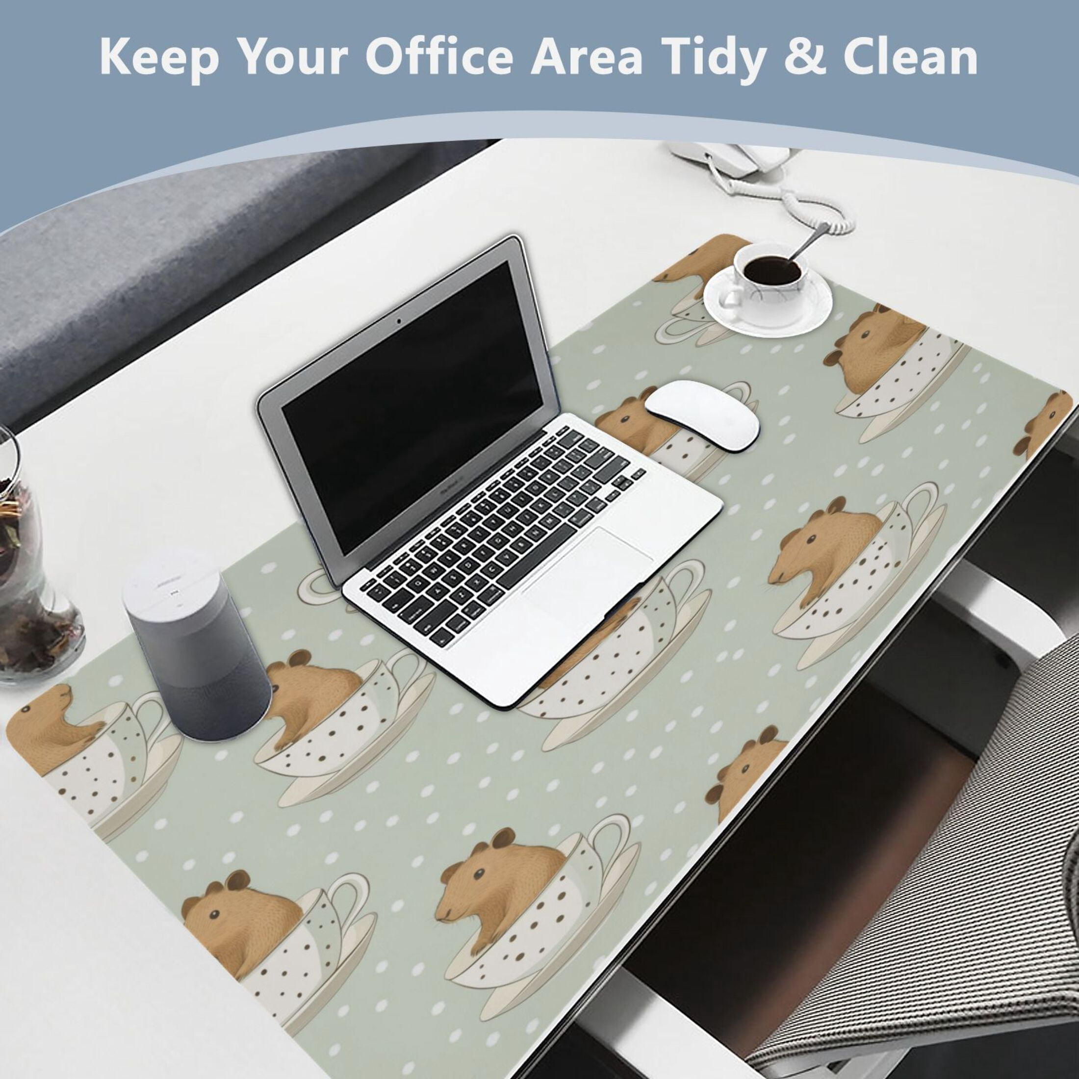 Leather Keyboard and Mouse Desk Mat Office Desk Accessories Protective Office Desk Decor Desk Pad Mat for Gaming, Work from Home, Office Cute Capybara in Coffee Cups 16.5" x 35.4"