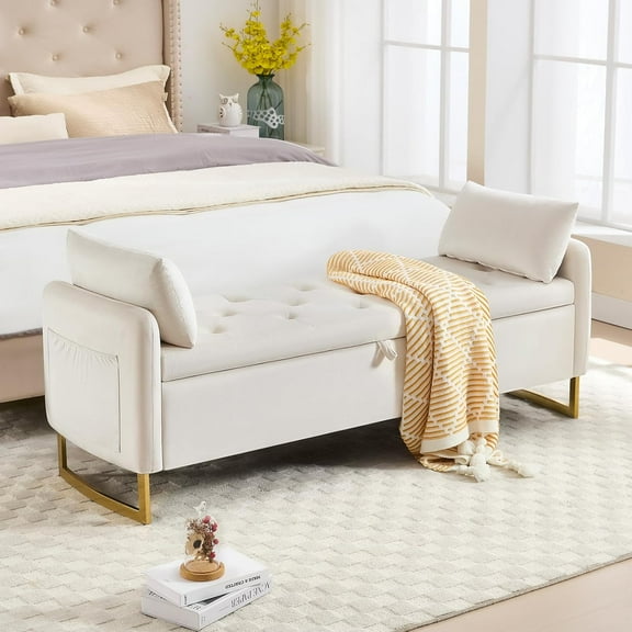 65" End of Bed Storage Bench King Size, Storage Ottoman Bench with Tufted Button Upholstered and Gold Legs, Bedroom Benches with Armrests for Living Room Window and Entryway, Beige