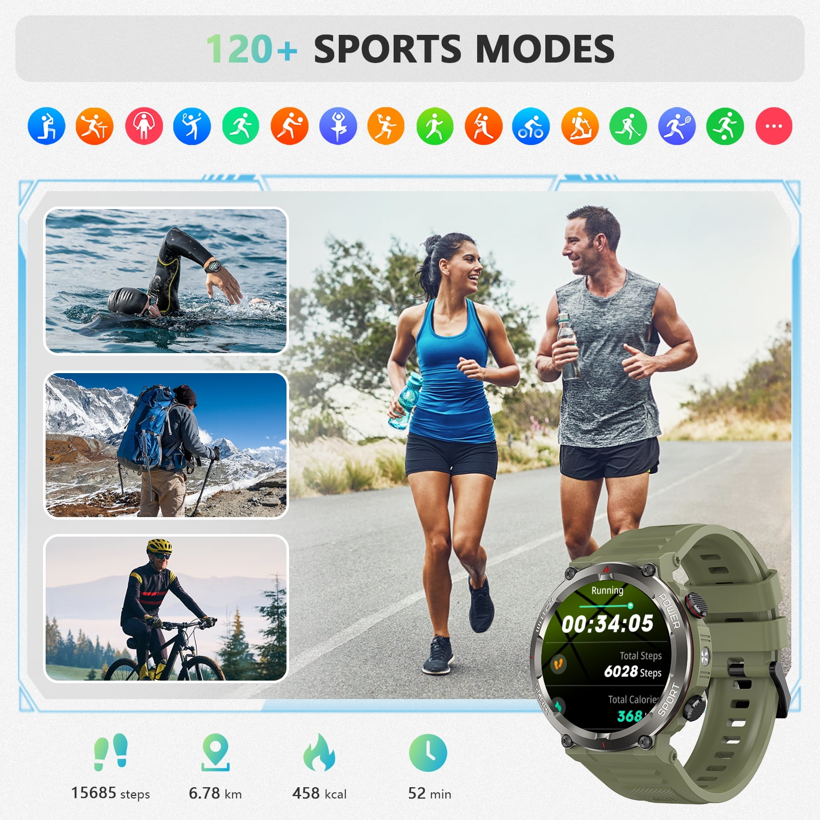 Blackview 1.45" Waterproof Military Smartwatch for Men,with Calling,Flashlight,Compass,100+ Sports Modes,960mAh Battery,fits for iPhone Android,Green