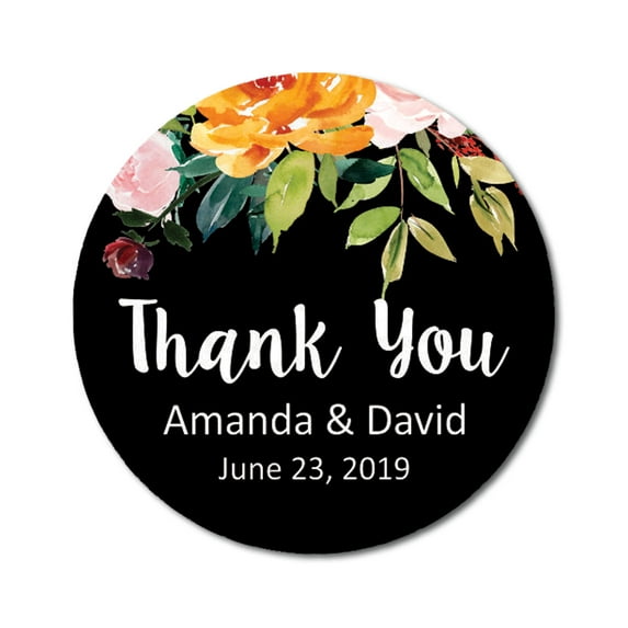 Darling Souvenir Round 45 Pieces Rose Floral Thank You Stickers Personalized Bride Groom Names And Date Envelope Seals-Black