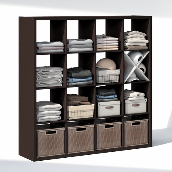 Furinno CUBIC 16-Cube Open Shelf Extra Thick Frame Black Dark Oak