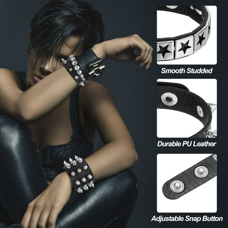Uxcell 3Pcs Rock Punk Studded Leather Bracelet Set, 8.7