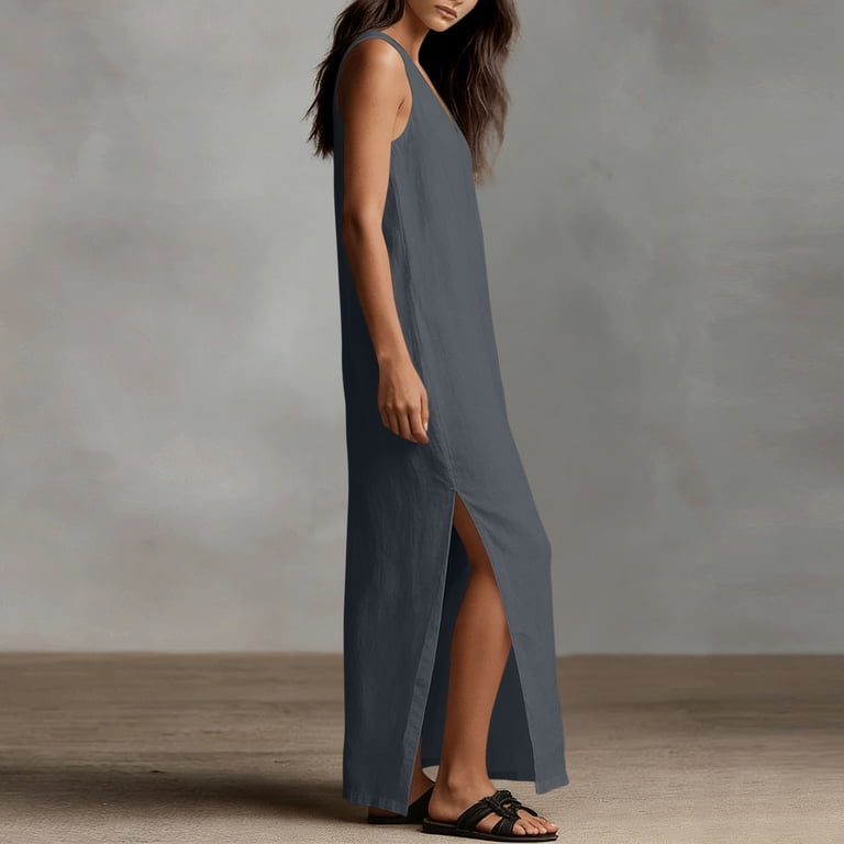 Mafytytpr Summer Sleeveless V-neck Dress for Women Solid Color Cotton Linen High Slit Loose Casual Long Dresses Gray L, Women's, Size: Large