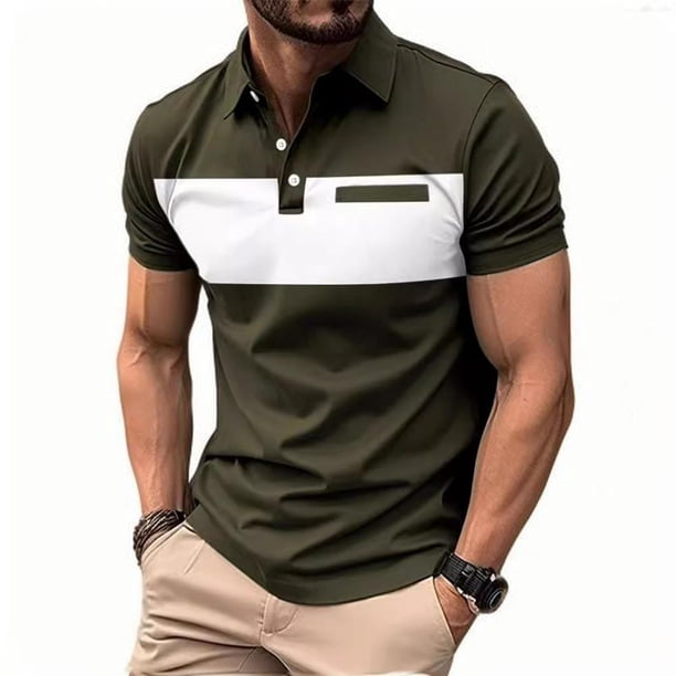 Camisetas de Manga Larga para Hombres Botón Sólido Suelto Camiseta Solapa Manga Corta Superior, Blusa de Moda Casual