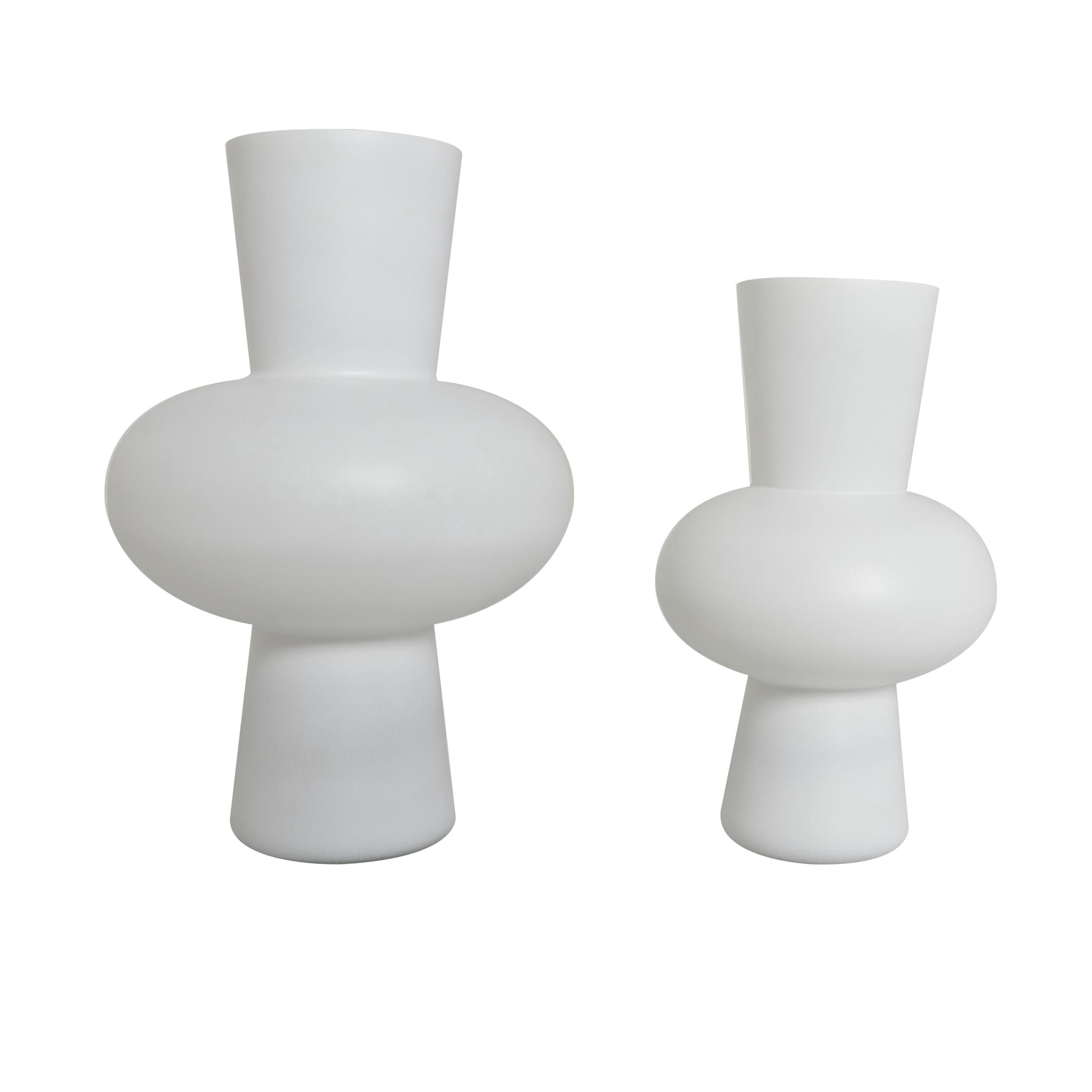 DecMode 10", 10"H Trumpet White Glass Vase with Wide Rounded Center, Set of 2