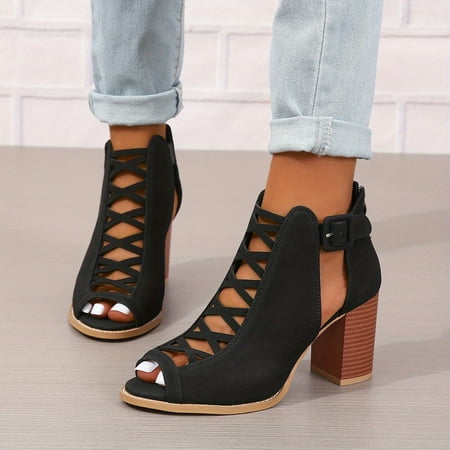 

Women s Chunky Heeled Sandals Peep Toe Cut-out Buckle Strap Stacked Heels Retro High Heels