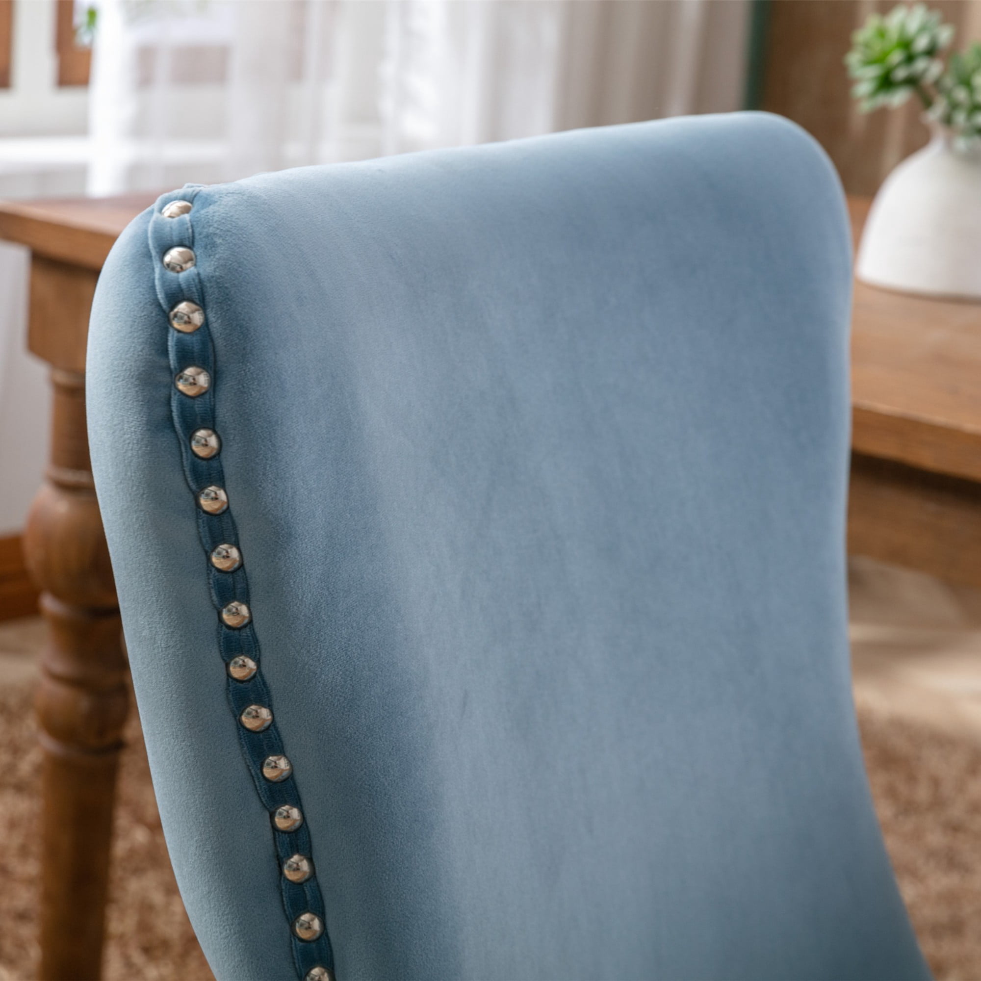 BSHTI 37" Velvet Upholstered Wingback Dining Chairs Set of 2 with Wood Frame, Foam Seat, Rivet Trim, Adjustable Feet for Dining Room (Light Blue)