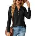 thumbnail image 2 of SHIBEVER Women's Fall Tops Casual Long Sleeve Shirts Loose Fit Tunic Tops Basic V Neck Sweatshirts Trendy Button Down Solid Color Black Size S, 2 of 5