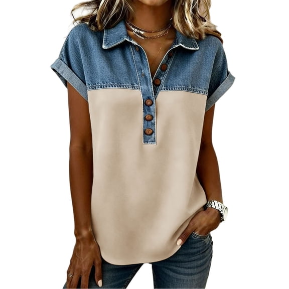 Gytharion Women's Imitation Denim T Shirt Button Down Tops Plus Size Patchwork Jean Tops Short Sleeve Casual Tshirt Streetwear