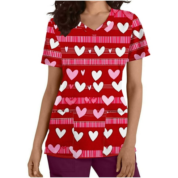 VKOYWKM Valentine's Scrub Tops for Women Love Heart Print Valentines Day Nurse Uniforms V Neck Short Sleeve Working Tops with Pockets