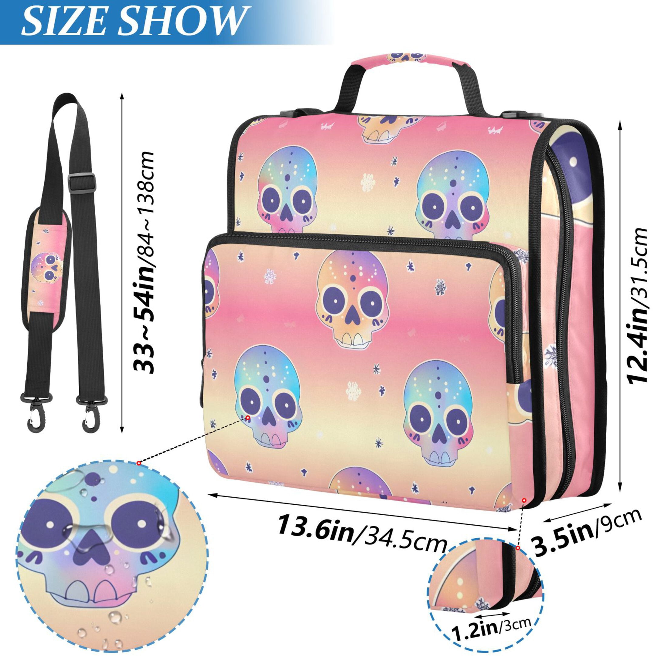 3 Ring Zipper Binder with Shoulder Strap Waterproof Trapper Keeper 2 Inch D-Ring 500 Sheets Capacity Cute Colorful Skull Head