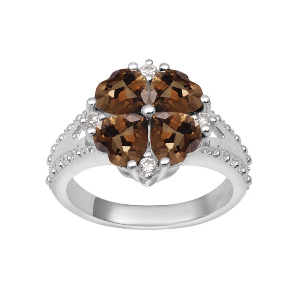 Mooneye 5 mm Heart Shape Smoky Quartz 925 Sterling Silver Women Cluster Valentines Day Gifts Ring