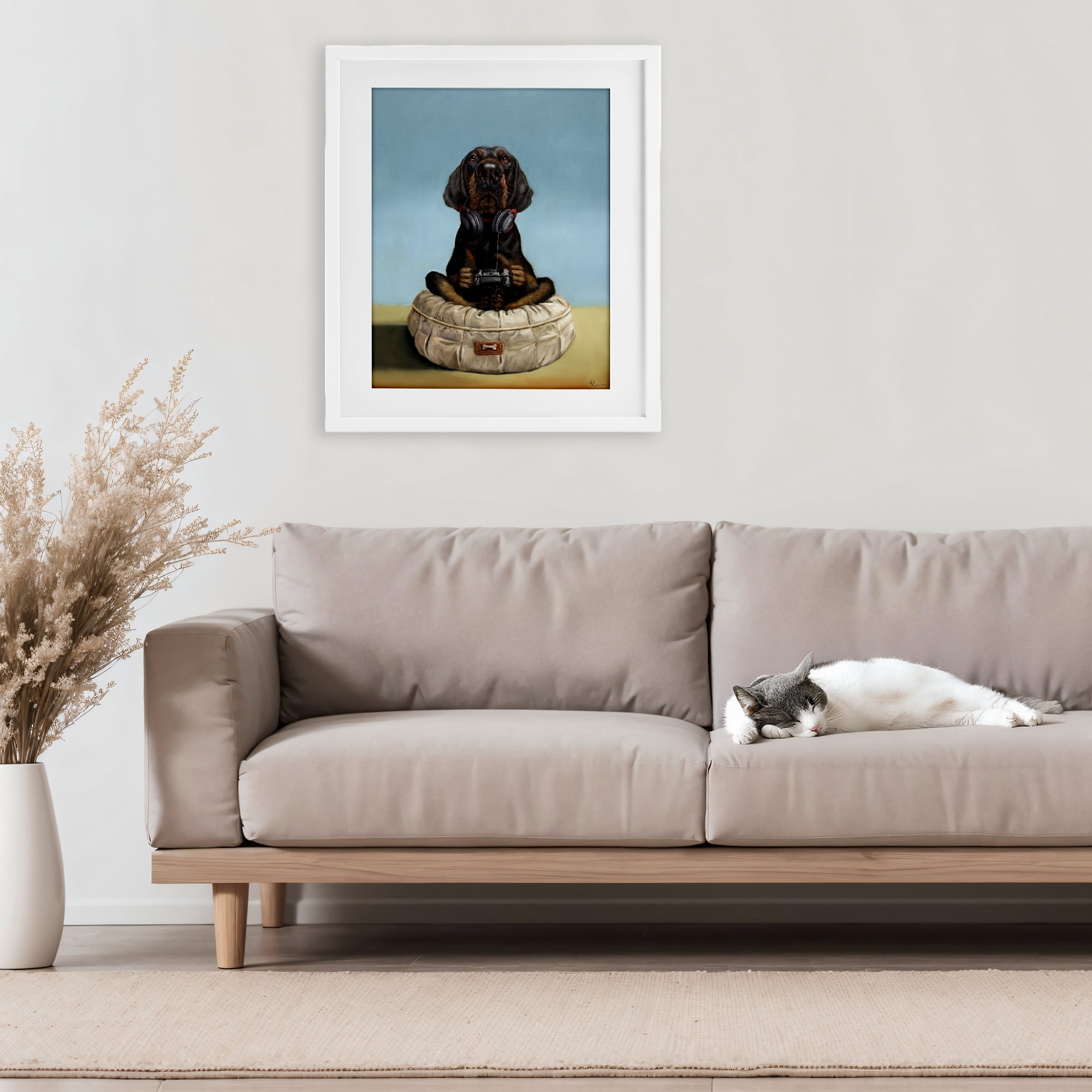 Stupell Industries Game Boy Playing Dog White Framed Print Under Glass, design by Lucia Heffernan