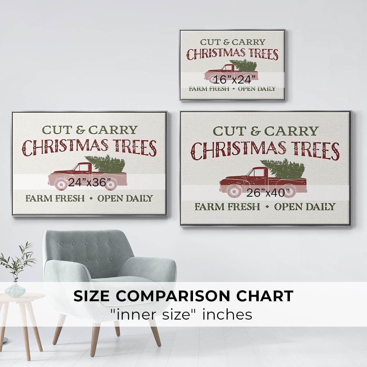 Christmas Farm Sign II - Framed Gallery Wrapped Holiday Canvas - 17 x 25 - Silver Frame