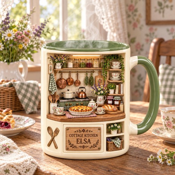 Cottage Kitchen Elsa Mug with Wildflowers and Pie for Coffee and Tea Lovers