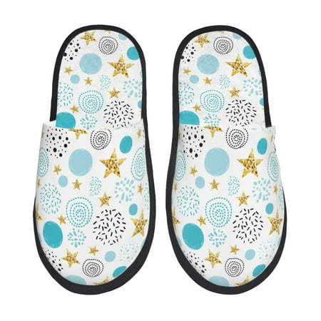 Balery Gold Stars Blue Dots Pattern Slient Indoor Furry Fleece Comfort House Shoes Soft Non-Slip Home Shoes Cotton slippers House Slippers-- Large