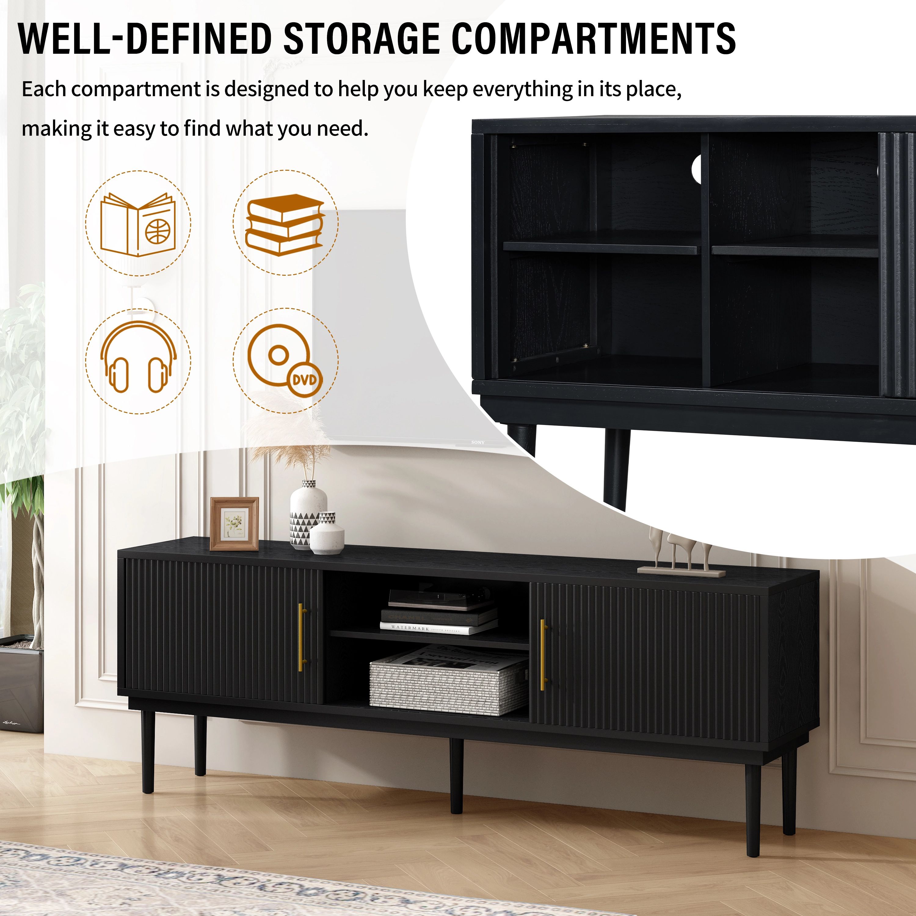 Euroco 74.9" TV Stand with Sliding Doors and 2 Storage Cabinets,Modern Entertainment Center & Media Console for TVs up to 80",Versatile for Any Decor Style,Black